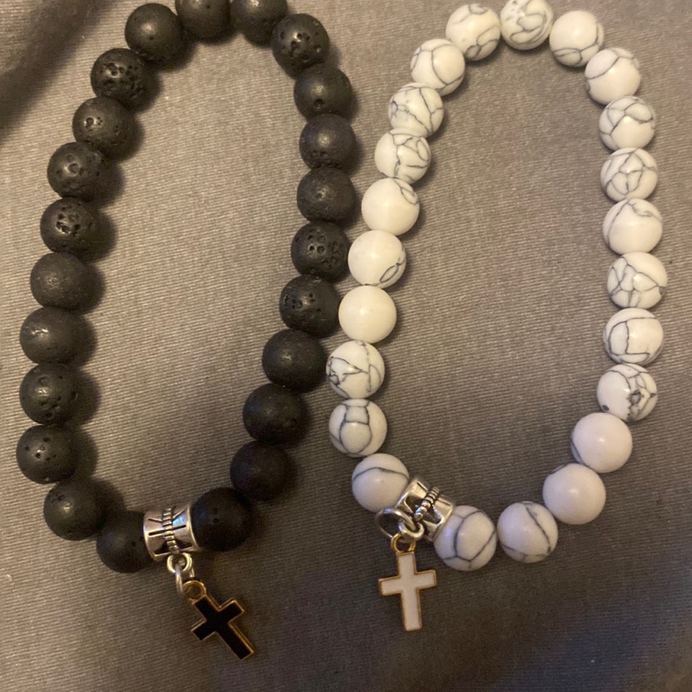 White and black beaded couples matching bracelets set